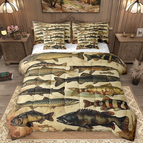 Homewish Big Bass Fish Twin Bedding Sets 7-Piece for Teens Boys Girls,Retro Vintage Bedding Comforter Set Microfiber,Fishing Theme Breathable Sheet Sets,Super Cozy Room Decor,Reversible