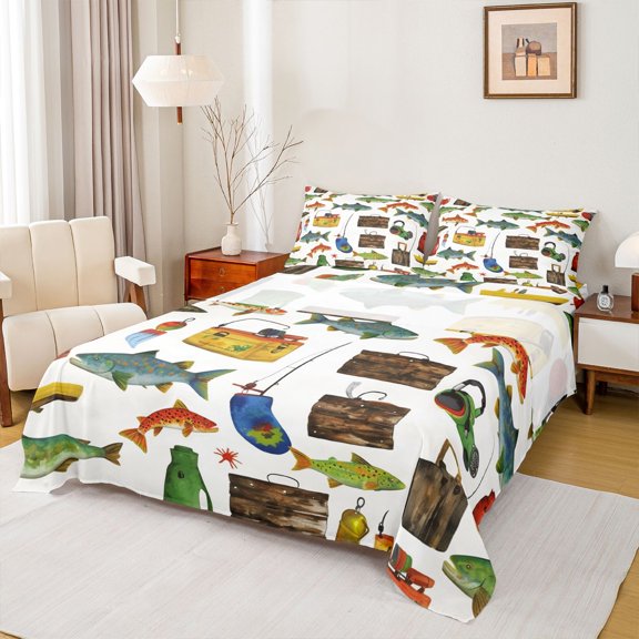 Homewish Big Bass Fish Twin Sheet Sets 3pcs for Kids Children Teens,Fishing Theme Twin Fitted Sheet Microfiber,Rustic Farmhouse Breathable Flat Sheet,Luxury Bedroom Decor