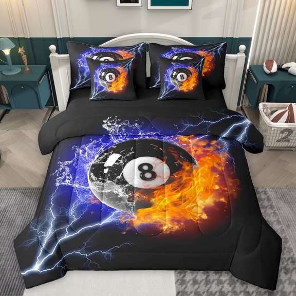 Homewish Billiards 7pcs Bedding Comforter Set,Ball Sport Game Queen Bedding Sets,Black Orange Queen Sheet Sets For Teens,Luxury Bedroom Decor Reversible