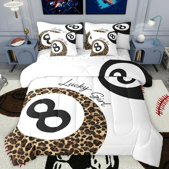 Homewish Billiards Game 7-Piece Bedding Comforter Set,Leopard Print Ball King Bedding Sets,White Black Brown Bed Sheets For Boys Kids,Super Cozy Room Decor Reversible
