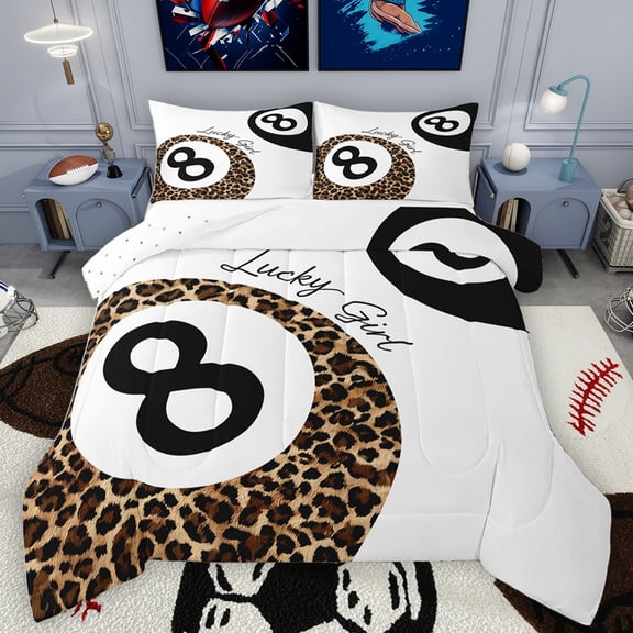 Homewish Billiards Game Bedding Comforter Set,Leopard Print Ball Twin Comforter Sets,White Black Brown Bedding Set For Boys Kids,Super Cozy Room Decor Reversible,2pcs