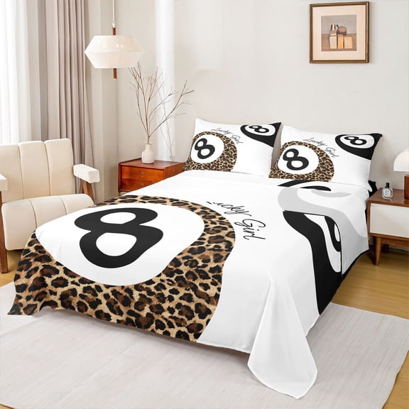 Homewish Billiards Game Twin Sheet Set,Leopard Print Ball White Black Brown,Super Cozy Decor For Boys Kids,3-Piece