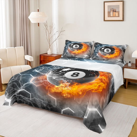 Homewish Billiards Sport Bed Sheets,Modern Geometric Hexagon King Sheets,Black Orange Sheet Set For Kids,Breathable Home Decor,4pcs