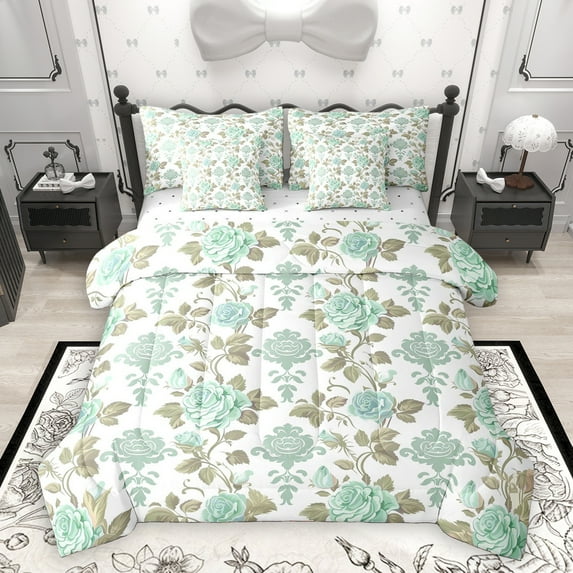 Homewish Bintage Victorian Flower 7pcs Bedding Comforter Set,Country Floral Queen Bedding Sets,Beige Cyan Queen Sheet Sets For Men Women,,Lightweight Room Decorative Reversible
