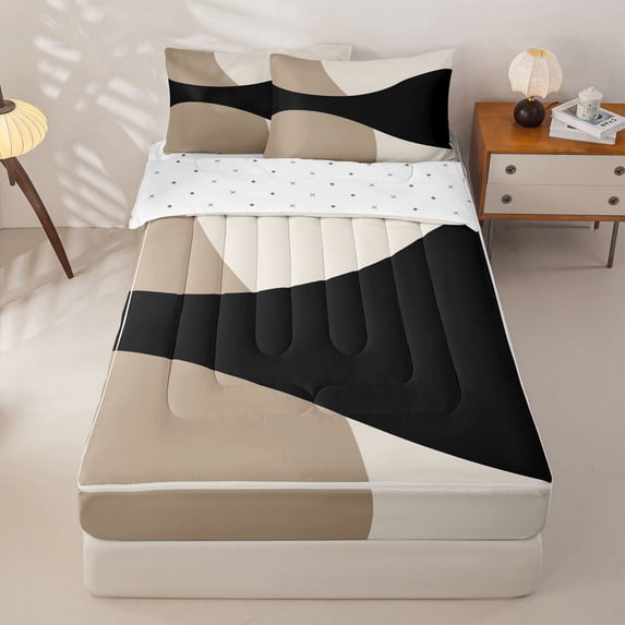 Homewish Black Beige Zipper Full Size Comforter Sets with Fitted Sheet and 2 Pillowcases,Mid Century Artwork Zipper Bedding Set,Reversible,4pcs