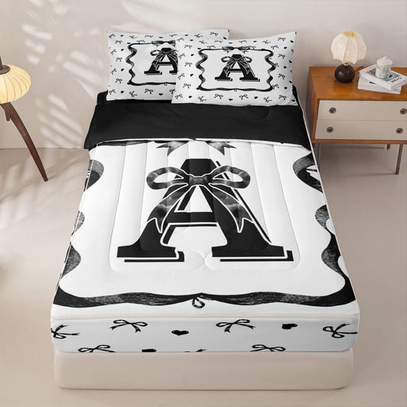 Homewish Black Bow Letter A Zipper Full Size Comforter Sets with Fitted Sheet and 2 Pillowcases, Princess Cartoon Style Zipper Bedding Set, Black Reversible, 4-Piece