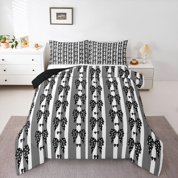 Homewish Black Bowknot 2pcs Bedding Comforter Set for Female Men Teens,Polka Dots Twin Comforter Sets,Geometric Stripes Breathable Bedding Set,Lightweight Room Decor,Reversible