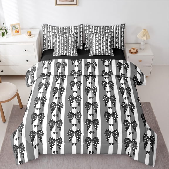 Homewish Black Bowknot 7-Piece Bedding Comforter Set for Female Men Teens,Polka Dots King Bedding Sets,Geometric Stripes Ultra Soft Bed Sheets,Lightweight Room Decor,Reversible