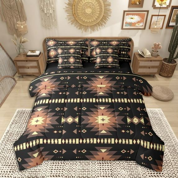 Homewish Black Brown Aztec Twin Bedding Sets 7-Piece, Bohemian Geometric Bedding Comforter Set, Rustic Lodge Cabin Farmhouse Sheet Sets, Lightweight Room Decor