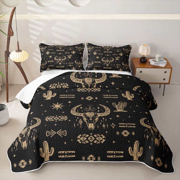 Homewish Black Brown Aztec Twin Quilt Set,Tribal Symbol Mysterious Aztec Twin Coverlet Set For Adults,2pcs