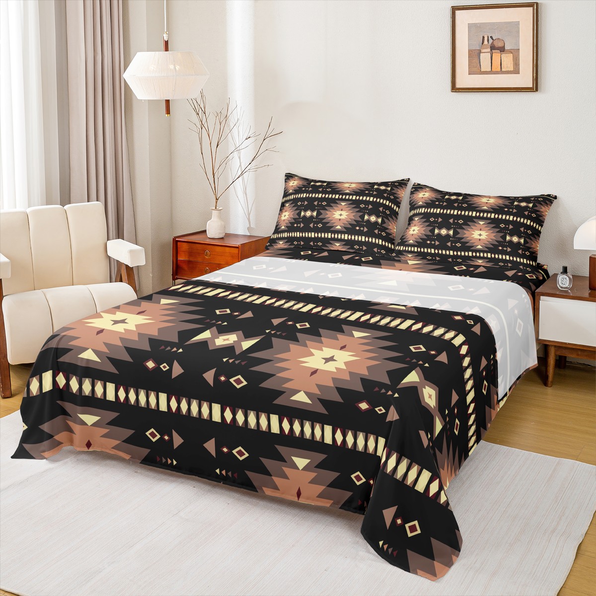 Homewish Black Brown Aztec Twin Sheet Sets 3pcs, Bohemian Geometric ...