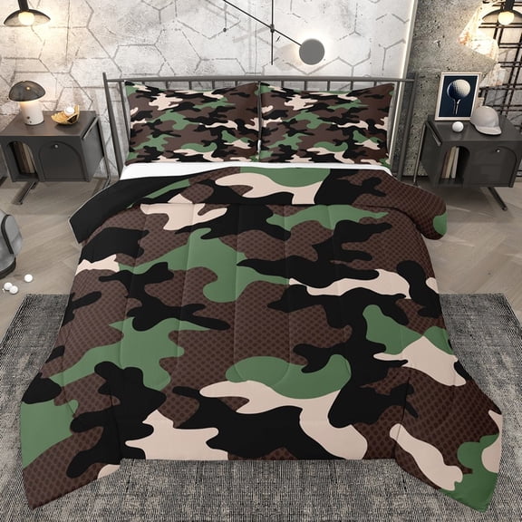 Homewish Black Brown Green Camo Bedding Comforter Set 2pcs for Boys Girls,Abstract Camouflage Twin Comforter Sets Microfiber,Geometric Theme Breathable Bedding Set,Lightweight Room Decor,Reversible