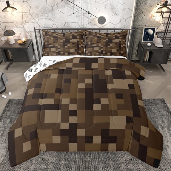 Homewish Black Brown Rectangle Bedding Comforter Set for Kids, Fashion Buffalo Plaid Twin Comforter Sets, Chic Abstract Reversible Bedding Set, Microfiber Bedroom Decor, 2 Pieces