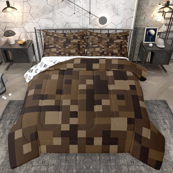 Homewish Black Brown Rectangle Queen Comforter Set for Kids, Fashion Buffalo Plaid Bedding Sets, Chic Abstract Reversible Bedding Comforter Set, Microfiber Bedroom Decor, 3 Pieces