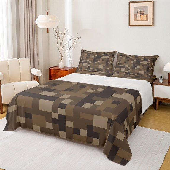 Homewish Black Brown Rectangle Queen Sheet Sets for Kids, Fashion Buffalo Plaid Flat Sheet, Chic Abstract Queen Fitted Sheet, Microfiber Bedroom Decor, 4 Pieces