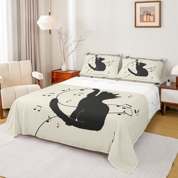 Homewish Black Cat 4 Pieces Queen Sheet Sets for Children Teens,Musical Notes Ultra Soft Flat Sheet,Abstract Melody Queen Fitted Sheet,Microfiber Bedroom Decor