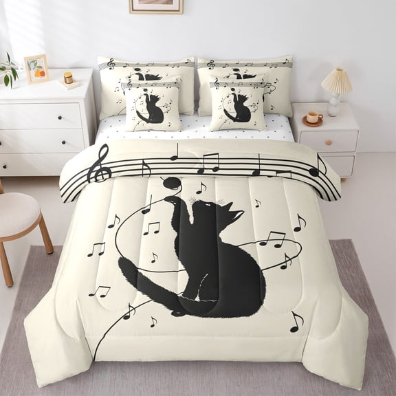 Homewish Black Cat 7-Piece Twin Bedding Sets for Children Teens,Musical Notes Bedding Comforter Set,Abstract Melody Breathable Sheet Sets,Microfiber Bedroom Decor,Reversible