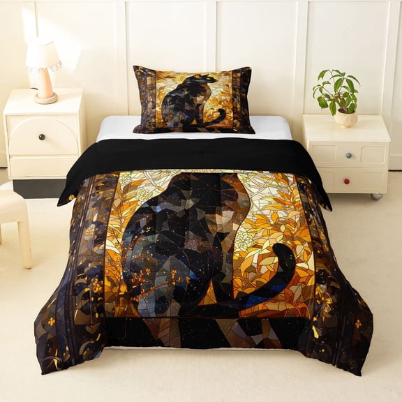 Homewish Black Cat Animal Twin Comforter Sets,Golden Autumn Leaf Bedding Set,Black Reversible,2 Pieces,1 Comforter and 1 Pillowcase
