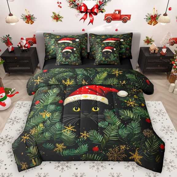 Homewish Black Cat Kitten 7-Piece Twin Bedding Set Green Palm Leaf Xmas Snowflake Cozy Reversible Decor For Boys Girls