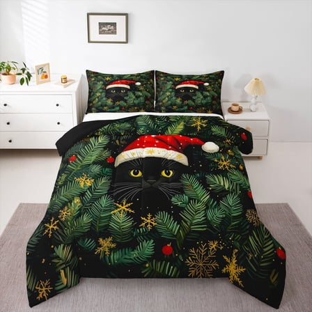 Homewish Black Cat Kitten Bedding Comforter Set,Green Plam Leaf Twin Comforter Sets,Gold Christmas Snowflake Bedding Set For Boys Girls,Super Cozy Room Decor Reversible,2 Pieces