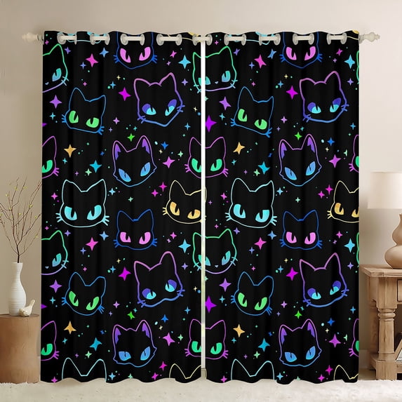 Homewish Black Cats Boy Girl Black Out Curtains,Gradient Starry Sky Curtains Pack of 2 (42x63 Each),Kawaii Animal Bedroom Curtains,Super Cozy Room Decor