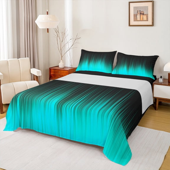Homewish Black Cyan Stripes Bed Sheets for Adult, Chic Abstract Lines King Sheets, Modern Fashion Style Sheet Set, Super Cozy Room Decor, 4pcs