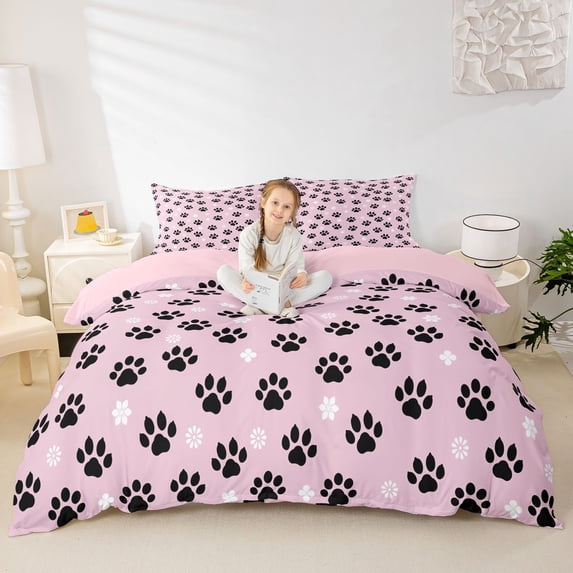 Homewish Black Dog Paw Prints Duvet Cover Queen,Pink Queen Bedding,Pink Reversible,3pcs,1 Duvet Cover and 2 Pillowcases