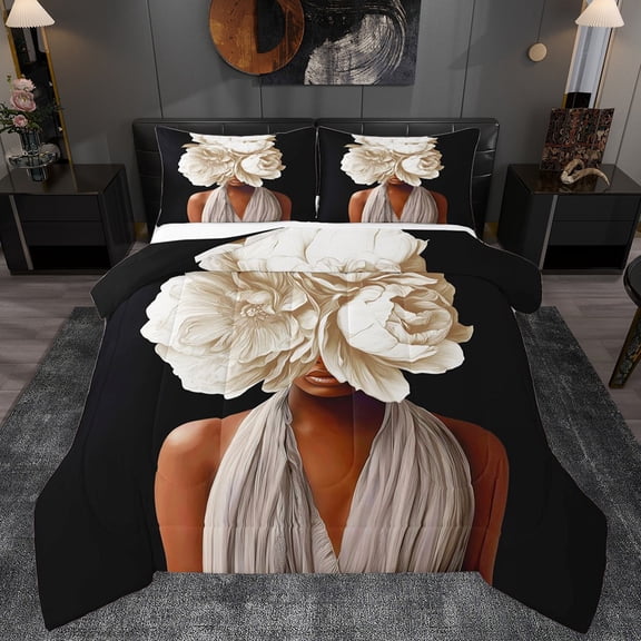 Homewish Black Girl 2pcs Bedding Comforter Set For Teens Female Adults,Chic Flowers Twin Comforter Sets,Fashion Modern Breathable Bedding Set,Lightweight Room Decor,Reversible