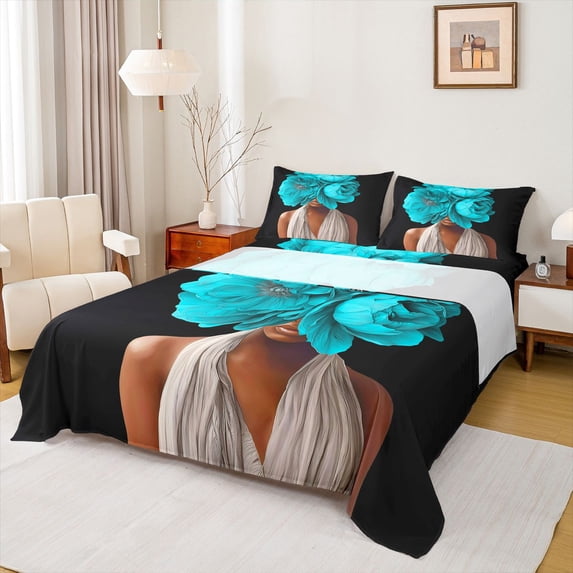 Homewish Black Girl 4-Piece Full Size Sheets For Girls,Teal Flower Bed Sheets,Exotic Style Lightweight Sheet Sets,Luxury Bedroom Decor