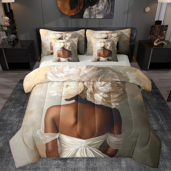 Homewish Black Girl 7-Piece Bedding Comforter Set For Teens Female Adults,Chic Flowers King Bedding Sets,Fashion Modern Ultra Soft Bed Sheets,Lightweight Room Decor,Reversible