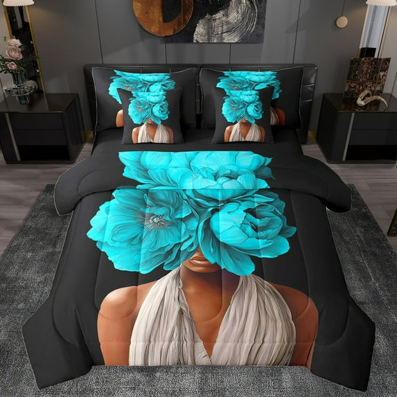 Homewish Black Girl 7 Pieces Bedding Comforter Set For Girls,Teal Flower Full Bedding Set Lightweight,Exotic Style Fitted Sheet Flat Sheet,Luxury Bedroom Decor,Reversible
