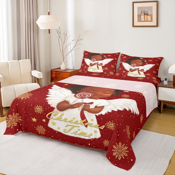 Homewish Black Girl Angel 3pcs Twin Sheet Sets for Teens Children Kids,Merry Christmas Twin Fitted Sheet,Xmas Snowflake Breathable Flat Sheet,Super Cozy Room Decor