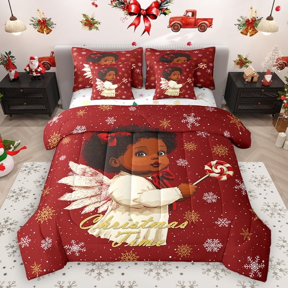 Homewish Black Girl Angel 7pcs Bedding Comforter Set for Teens Children Kids,Merry Christmas Queen Bedding Sets Super Cozy,Xmas Snowflake Queen Sheet Sets,Super Cozy Room Decor,Reversible