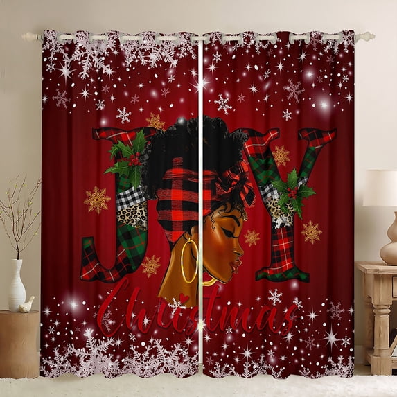 Homewish Black Girl Curtains Pack of 2 (42x84 Each) for Teens,Green Red Curtains Blackout,Merry Christmas Bedroom Curtains,Breathable Home Decor
