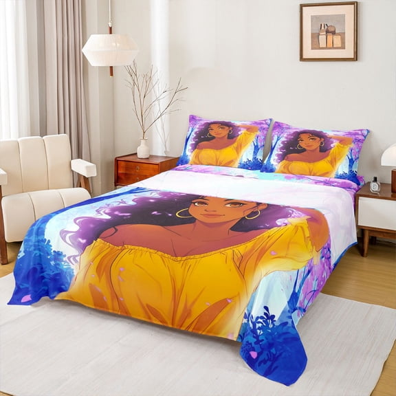 Homewish Black Girl Full Size Sheets 4-Piece for Female Men Adults,Cherry Blossom Breathable Bed Sheets,Dreamy Princess Lightweight Sheet Sets,Microfiber Bedroom Decor