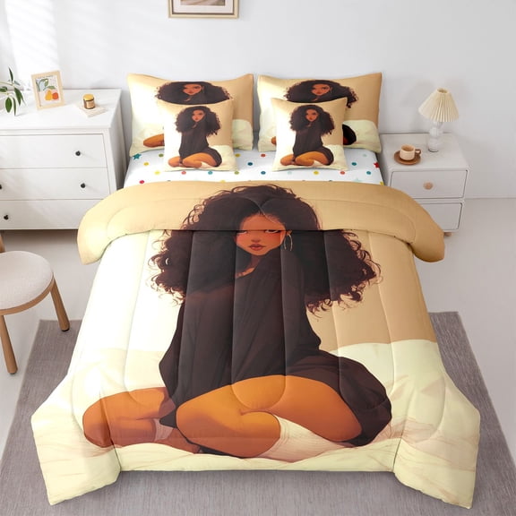 Homewish Black Girl Twin Bedding Sets 7-Piece for Teens Female Girls,Dreamy Princess Bedding Comforter Set Microfiber,Black Brown Breathable Sheet Sets,Uper Cozy Room Decor,Reversible