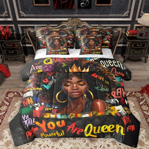 Homewish Black Girls 7-Piece Twin Bedding Sets,Watercolor Graffiti Bedding Comforter Set,Brown Black Sheet Sets For Kids,Ultra Soft Home Decor Reversible
