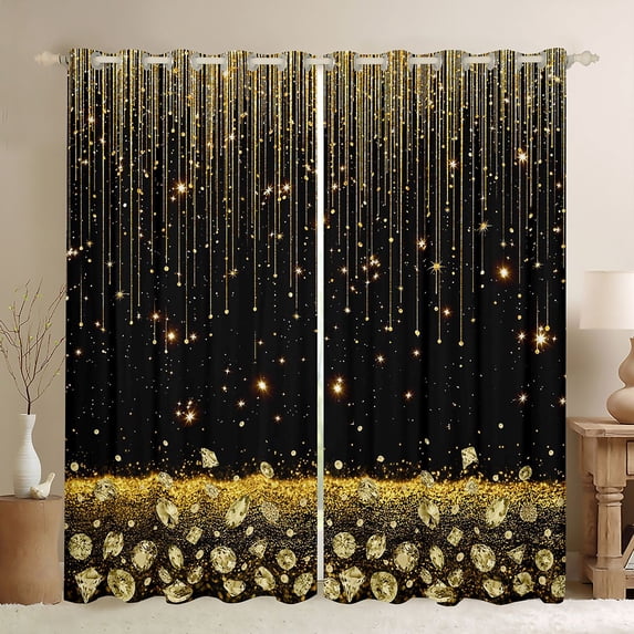 Homewish Black Gold Blackout Curtains, Glitter Diamonds Curtains Pack of 2 (42x84 Each) for Girls