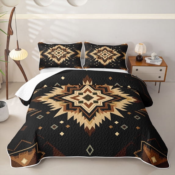 Homewish Black Gold Bohemian Twin Quilt Set,Boho Exotic Style Twin Coverlet Set,2pcs