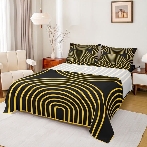 Homewish Black Gold Circle Bed Sheets,Mid Century Abstract Full Size Sheets,4 Pieces,1 Flat Sheet, 1 Fitted Sheet and 2 Pillowcases