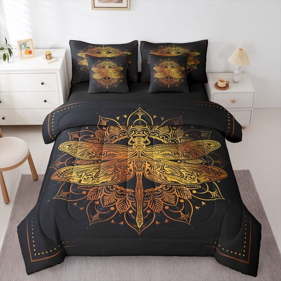 Homewish Black Gold Dragonfly Bedding Comforter Set 7-Piece, Hippie Western Damask King Bedding Sets, Vintage Mandala Style Reversible Bed Sheets, Breathable Home Decor