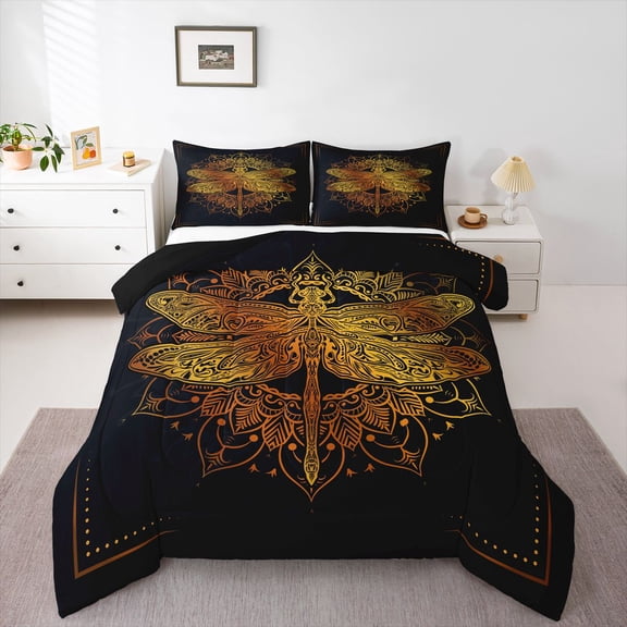 Homewish Black Gold Dragonfly Bedding Comforter Set, Hippie Western Damask Twin Comforter Sets, Vintage Mandala Style Reversible Bedding Set, Breathable Home Decor, 2pcs