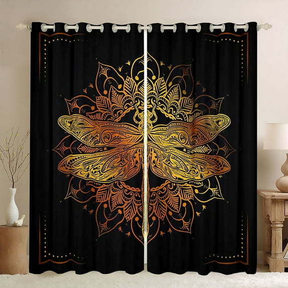 Homewish Black Gold Dragonfly Blackout Curtains Set of 2 (52x84 Each), Hippie Western Damask Window Curtains, Vintage Mandala Style Curtains and Drapes, Curtains Blackout Home Decor