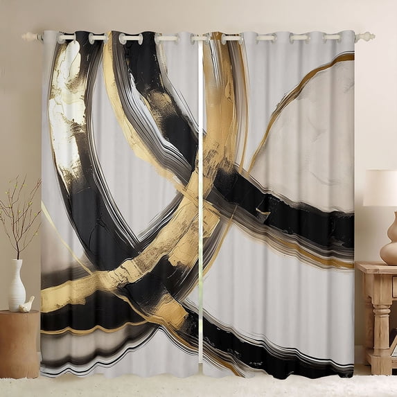 Homewish Black Gold Gray Kitchen Curtains,Modern Brush Strokes Black Out Curtains Pack of 2 (42x63 Each)