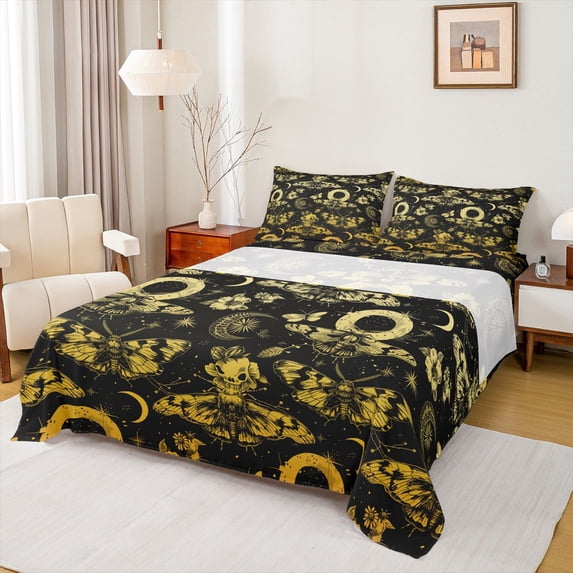 Homewish Black Gold Moth Bed Sheets,Halloween Skull Full Size Sheets,Moon Flower Bed Set,4 Pieces,1 Flat Sheet, 1 Fitted Sheet and 2 Pillowcases