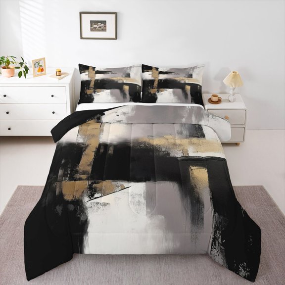 Homewish Black Gold Ombre Full Size Comforter Sets,Classic Abstract Geometric Bedding Comforter Set,Black Reversible,3-Piece,1 Comforter and 2 Pillowcases