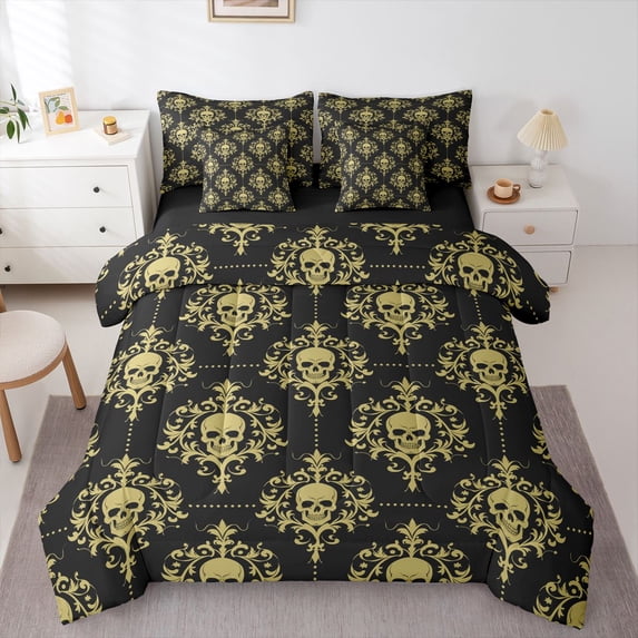 Homewish Black Gold Skull Damask 7-Piece Twin Bedding,Happy Halloween Bedding Comforter Set,Black Reversible