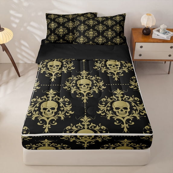 Homewish Black Gold Skull Damask Zipper Queen Comforter Set with Fitted Sheet and 2 Pillowcases,Happy Halloween Zipper Bedding Set,Black Reversible,4pcs