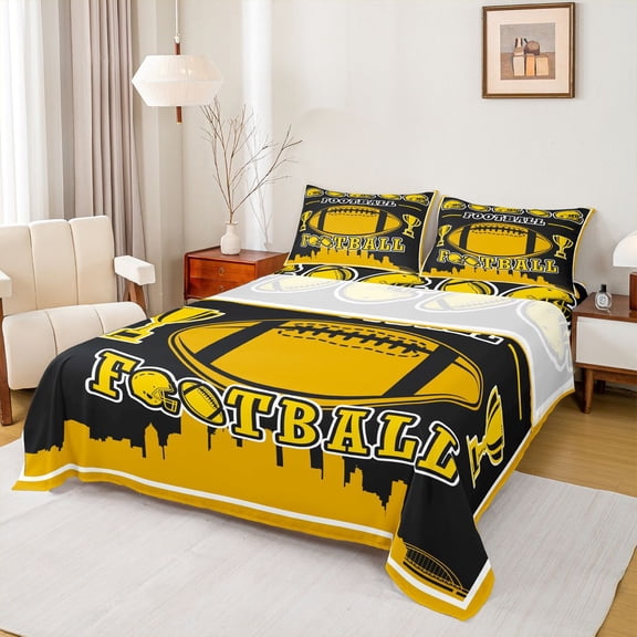 Homewish Black Gold Soccer Bed Sheets for Boy, Cartoon American Sport King Sheets, Modern City Print Sheet Set, Breathable Home Decor, 4-Piece