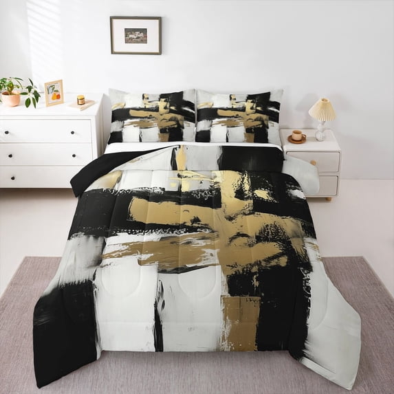 Homewish Black Gold Stripes Full Size Comforter Sets,Abstract Grunge Bedding Comforter Set,Black Reversible,3 Pieces,1 Comforter and 2 Pillowcases